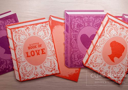 3D stamped book tags made of cardstock in coral and purple
