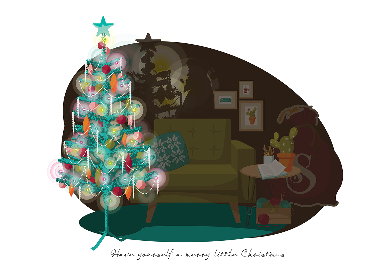 Christmas scene illustration featuring retro style tree and furniture