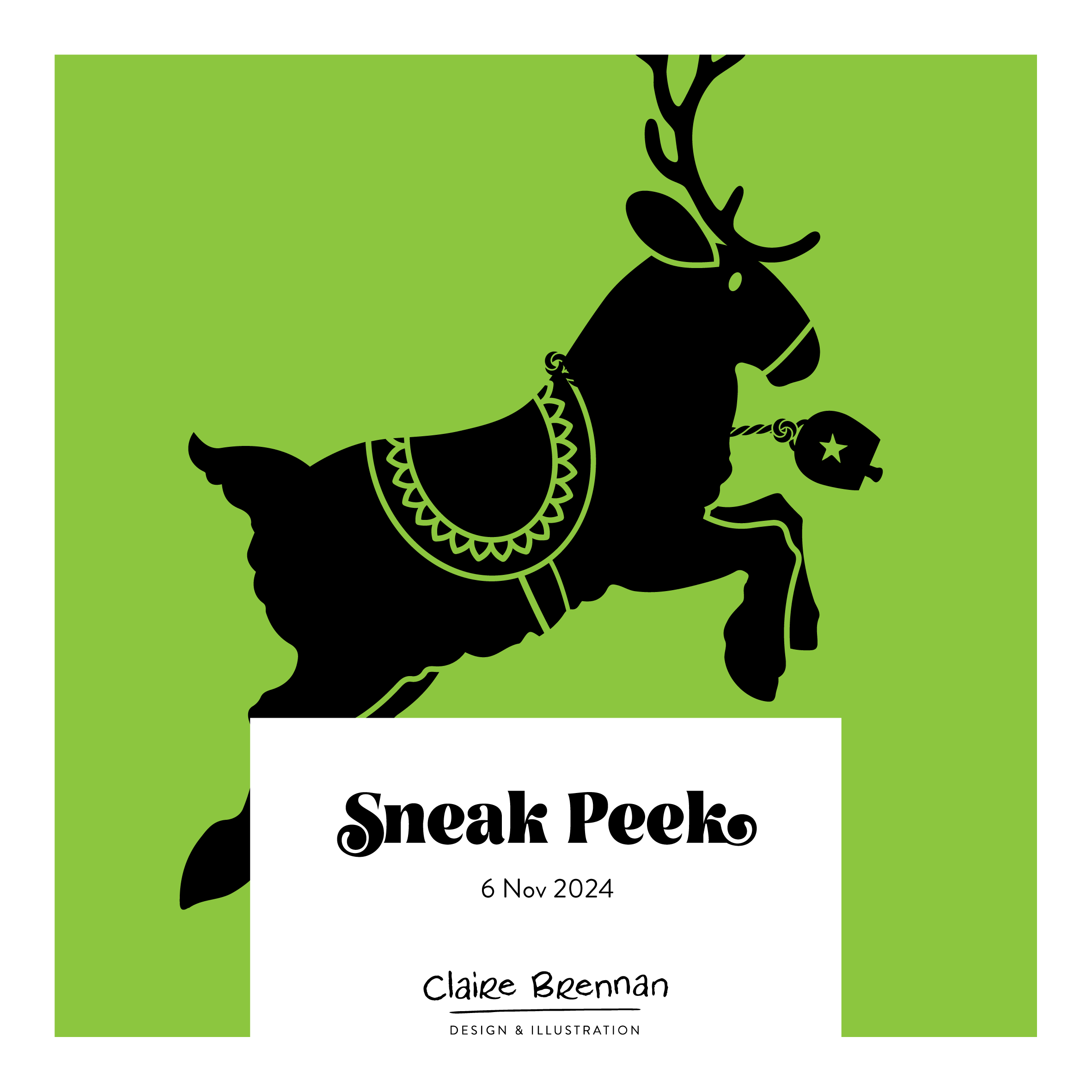 illustration of cute reindeer in black on a green background