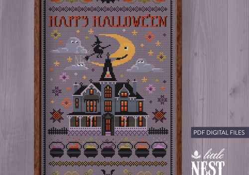 halloween cross stitch sampler featuring a haunted mansion and spooky pumpkins and clouds, witch is flying in the sky while moon watches.