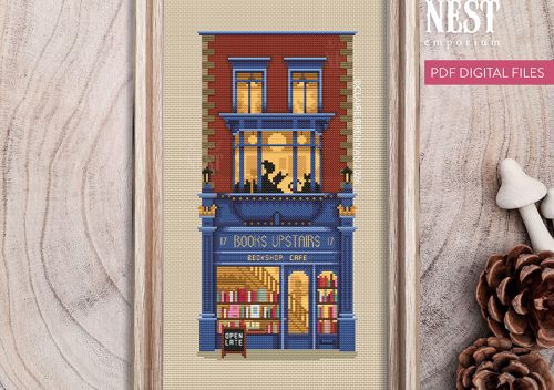 A cross stitch pattern based on a bookshop. The storefront is inspired by the elegant Georgian frontage of 'Books Upstairs' in Dublin
