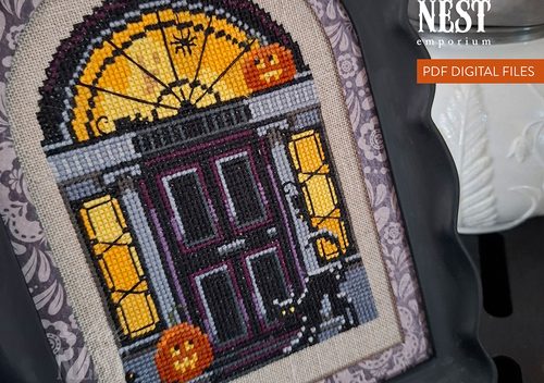 Cross stitch design og a Black Georgian Doorway, with a fanlight and side windows - in front of the door is a cat, two pumpkins and 3 rats, behind the door a ghost is partially seen
